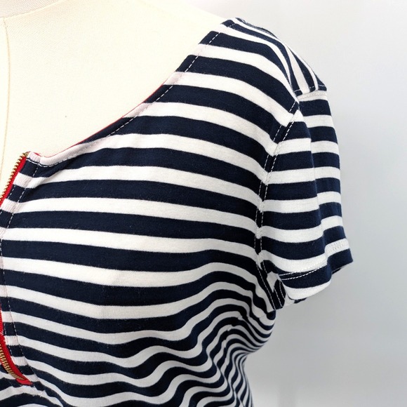 Lauren Ralph Lauren Navy White Stripe Zip Neck Tee Women's XL Nautical Blouse - Picture 7 of 8